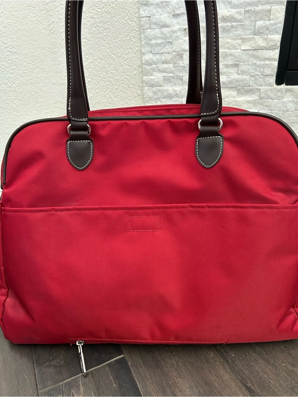 Chaps Red Triple Compartment Weekender Travel Tote Bag Brown Trim